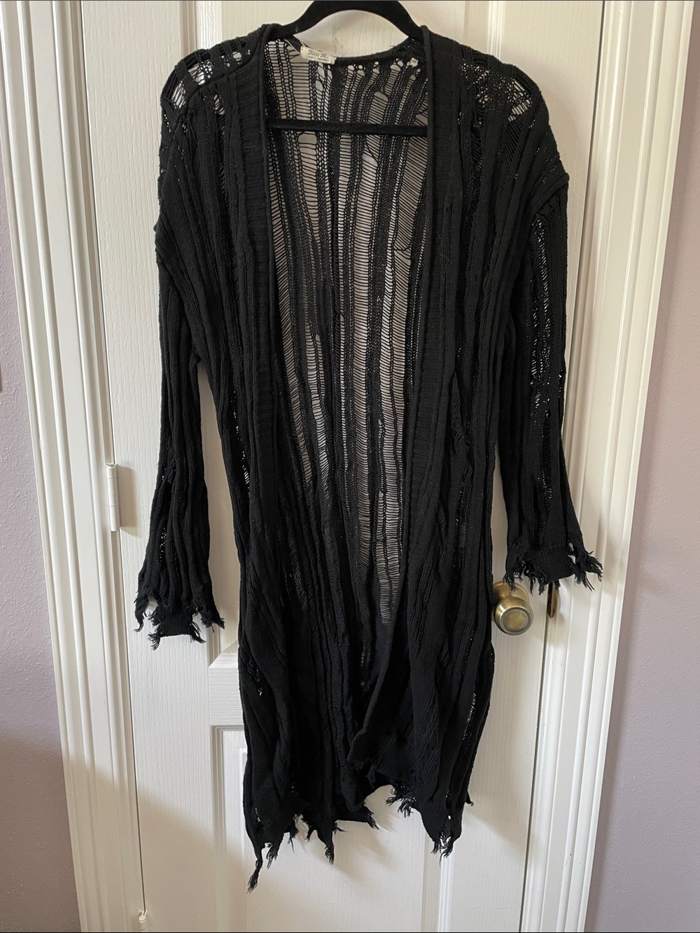 Miss Me Black Distressed Open-Front Knit Cardigan